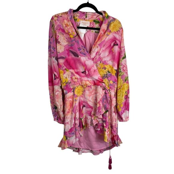 NWT Rococo Sand Leona Floral Print Surplice Neck Ruffle Mini Dress Pink Size XS - Picture 3 of 12